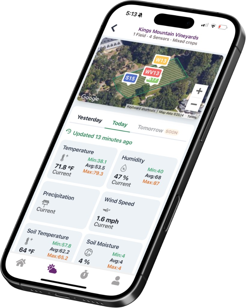 Grape.ag mobile app showing live microclimate readings for a vineyard
